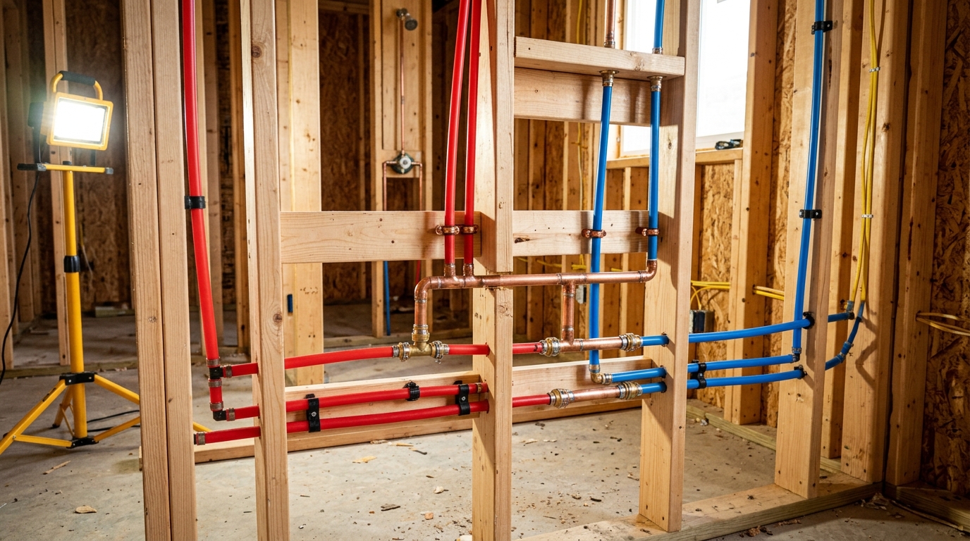 Flexible PEX overhead water supply line installation inside wall framing